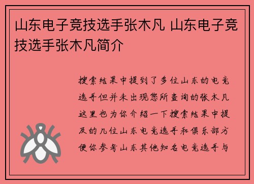 山东电子竞技选手张木凡 山东电子竞技选手张木凡简介